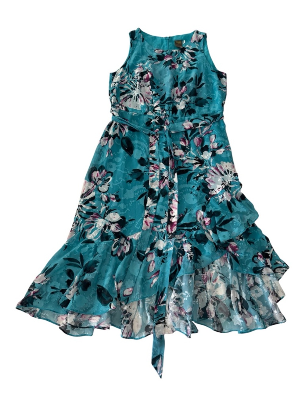 Taylor Women’s Teal Floral Ruffle Dress with Waist Tie Size:16W